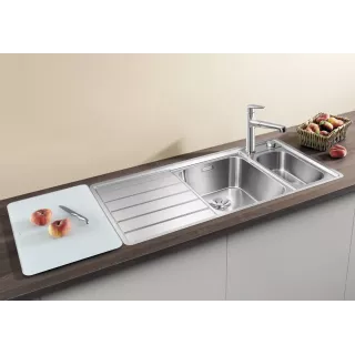 BLANCO AXIS III 6 S-IF stal polerowana prawa, korek auto., InFino, deska szkło białe, odsączarka stalowa 522104