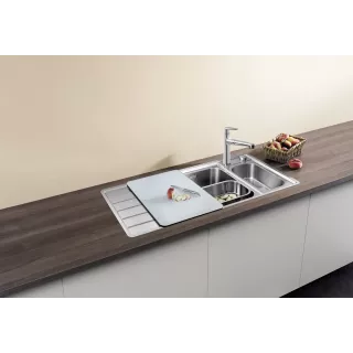 BLANCO AXIS III 6 S-IF stal polerowana prawa, korek auto., InFino, deska szkło białe, odsączarka stalowa 522104