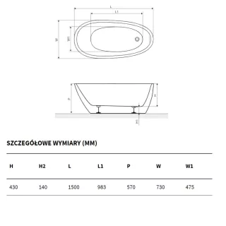 Excellent Olia 2.0 Wanna wolnostojąca 150x73 cm Biała WAEX.OLI2.15WH