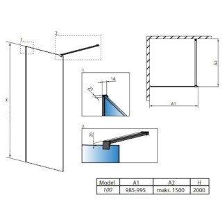 Radaway Modo New Black II 100x200 Frame kabina Walk-in czarny mat/szkło przejrzyste 389104-54-56