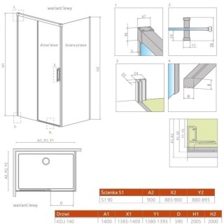 Radaway Idea Black Kdj Kabina 140x90cm lewa czarny mat/szkło przejrzyste 387044-54-01L