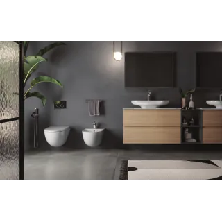 RAK Ceramics Zestaw DES Miska WC podwieszana z deską W/O i Umywalką Nablatową 70X35CM Biały Połysk DES1SETDESCT7000AWHA