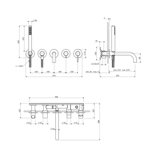 Omnires Y bateria wannowa 5-otworowa podtynkowa z długą wylewką, miedź połysk Y1237-1CP