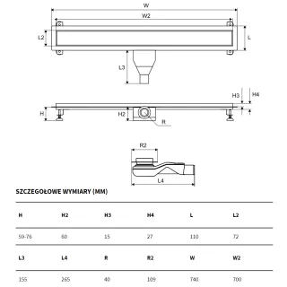 Stilio Odpływ liniowy łazienkowy z rusztem do zabudowy płytką 70 cm Złoty INEX.1515.700.P.GL