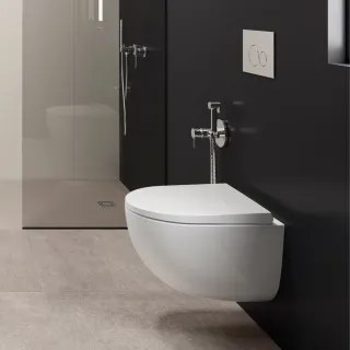 RAK Ceramics Zestaw DES Miska WC podwieszana z deską W/O i Umywalką Nablatową 70X35CM Biały Połysk DES1SETDESCT7000AWHA