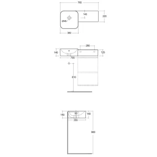 RAK Ceramics Petit Umywalka podwieszana kwadrat z blatem z prawej 77x36 cm z otworem na baterię PETWB47701AWHA