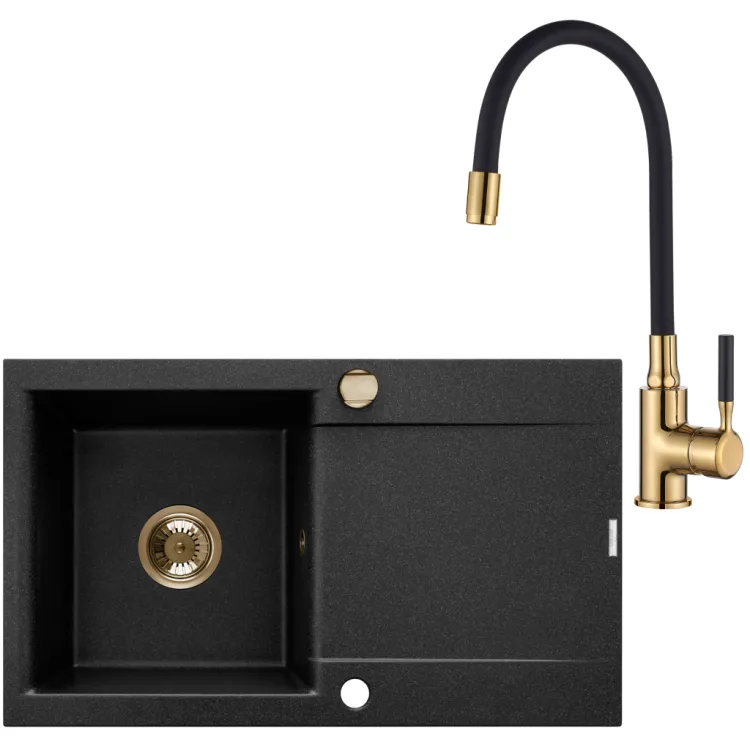 Invena Komplet: zlewozmywak granitowy 1-komorowy z długim ociekaczem Tesalia i bateria zlewozmywakowa Glamour złota AZ-01-Z43-SE