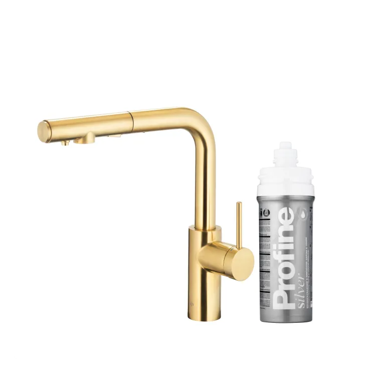 KFA Armatura DUERO PURE BASIC BRUSHED LIGHT GOLD bateria kuchenna z filtracją wody oraz wyciąganą wylewką  6623-114-39