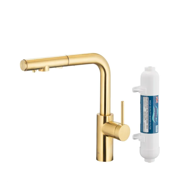 KFA Armatura DUERO PURE BASIC BRUSHED LIGHT GOLD bateria kuchenna z filtracją wody oraz wyciąganą wylewką  6623-112-39