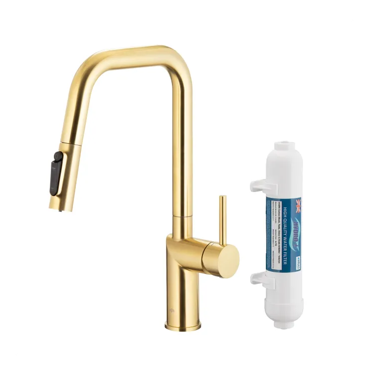 KFA Armatura DUERO PURE STYLE BRUSHED LIGHT GOLD bateria kuchenna z filtracją wody oraz wyciąganą wylewką  6623-312-39