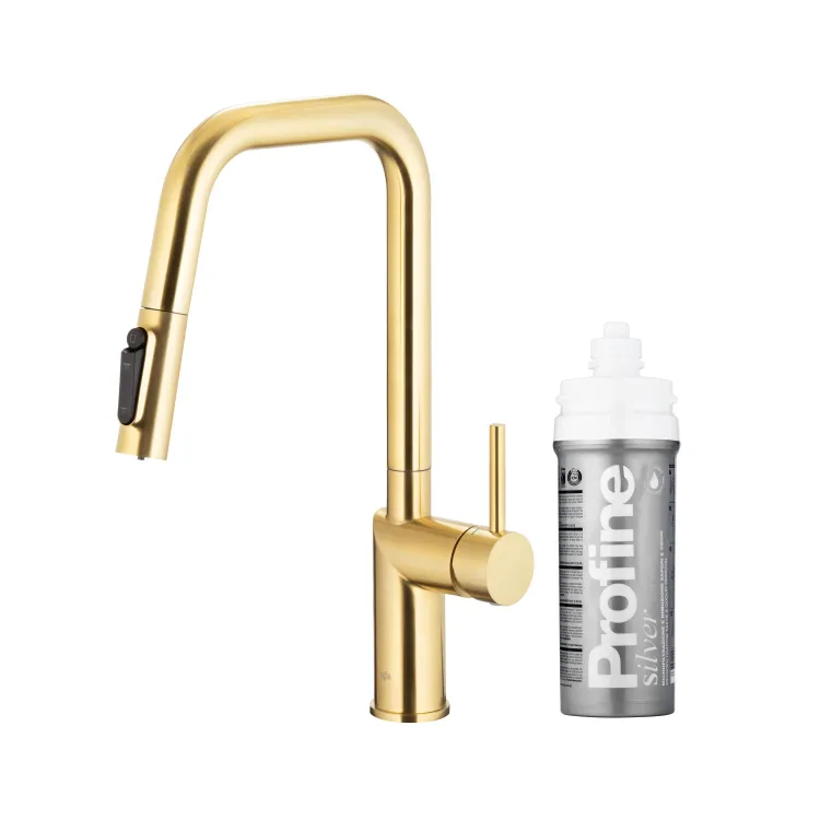 KFA Armatura DUERO PURE STYLE BRUSHED LIGHT GOLD bateria kuchenna z filtracją wody oraz wyciąganą wylewką  6623-314-39