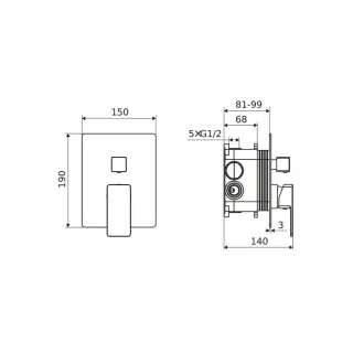 Excellent Keria bateria prysznicowo-wannowa podtynkowa 3 funkcyjna, czarny mat AREX.2047BL