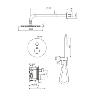 Excellent PI zestaw prysznicowo-wannowy podtynkowy 3 funkcyjny, termostatyczny z deszczownicą 25 cm, chrom AREX.SET.1248CR