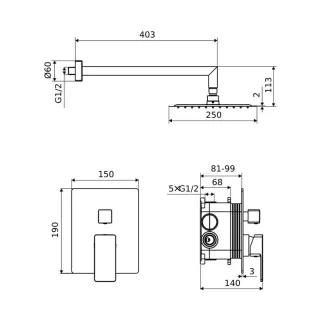Excellent Keria zestaw prysznicowo-wannowy podtynkowy z deszczownicą 25 x 25 cm, 3 funkcyjny, chrom AREX.SET.2047CR