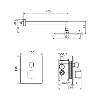 Excellent Keria zestaw prysznicowo-wannowy podtynkowy z deszczownicą 25 x 25 cm, 3 funkcyjny, termostatyczny, czarny mat AREX.SE