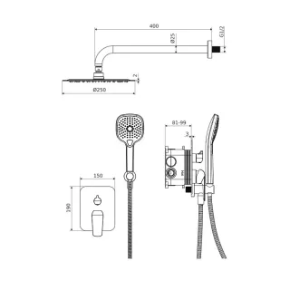 Excellent Clever 2.0 zestaw prysznicowo-wannowy podtynkowy z deszczownicą 25 cm, 3 funkcyjny, czarny soft AREX.SET.4147BS