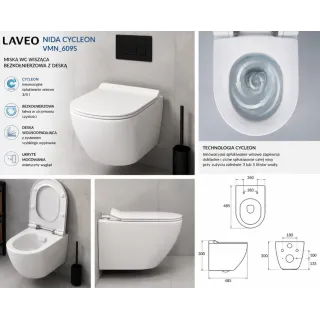 Laveo Nida CycleON miska WC wisząca 48 x 36 cm bezkołnierzowa z deską biała VMN_609S