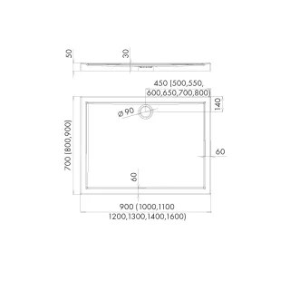 Schedpol Brodzik kompozytowy Stabilsound Plus® Corrina 90x160x5 cm, prostokątny z odpływem na dłuższym boku 3.048