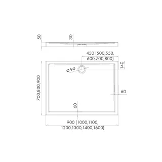 Schedpol Brodzik akrylowy Caspar 90x120x5 cm, prostokątny z odpływem na dłuższym boku 3.267