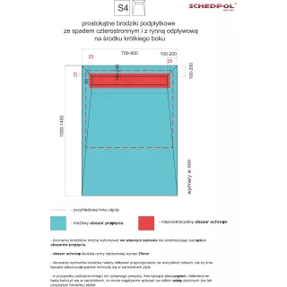 Schedpol Brodzik podpłytkowy Stabilsound Plus® 80x140x5/12,5 cm, prostokątny z odpływem na krótszym boku z maskownicą Steel 10.0