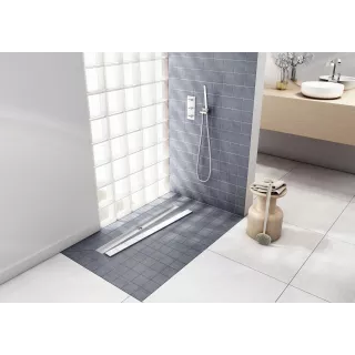 Schedpol Brodzik podpłytkowy Stabilsound Plus® 90x120x5/12,5 cm, prostokątny z odpływem na dłuższym boku z maskownicą Steel 10.0