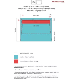 Schedpol Brodzik podpłytkowy Stabilsound Plus® 90x120x5/12,5 cm, prostokątny z odpływem na dłuższym boku z maskownicą Steel 10.0