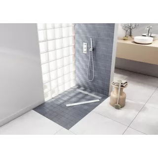 Schedpol Brodzik podpłytkowy Stabilsound Plus® 80x140x5/12,5 cm, prostokątny z odpływem na krótszym boku z maskownicą Stamp 10.0