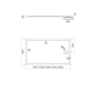 Schedline Brodzik akrylowy Sharper 70x90x4,5 cm, prostokątny z odpływem na krótszym boku 3S.S2P-7090