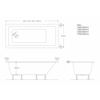 Schedline wanna akrylowa Stabilsound Plus® Milos 140x70x57 cm, prostokątna ze stelażem 3WSP.M1P-14070
