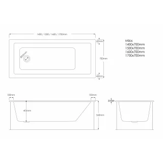 Schedline wanna akrylowa Stabilsound Plus® Milos SET 140x70x57 cm, prostokątna z nośnikiem 3WSP.MS1P-14070